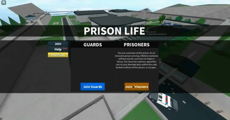 Prison Life main menu screen showing role selection.