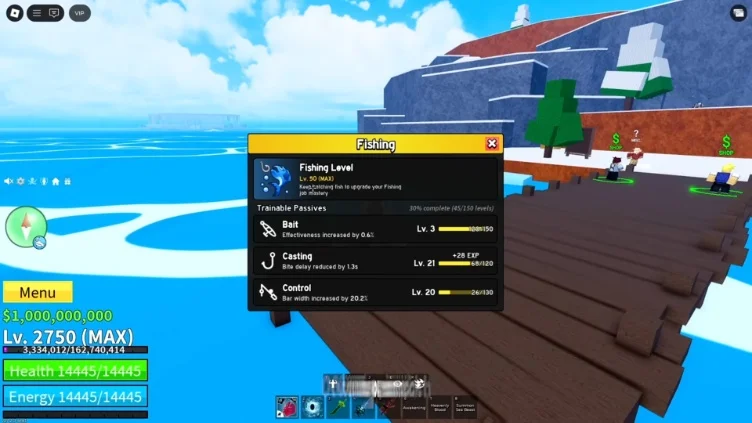 Fishing level progression screen in Blox Fruits