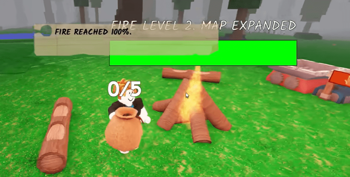 Player depositing wood into the campfire and the "Map Expanded" text appearing