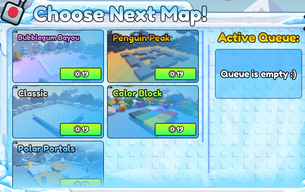 The map voting screen showing the 19 Robux "Queue Map" button option