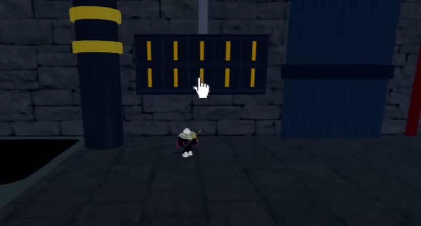 A wall panel with yellow and black vertical and horizontal lines being adjusted by the player.