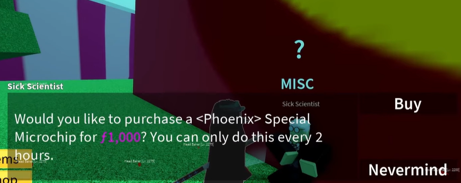 Dialogue with Sick Scientist NPC in Roblox Blox Fruits selling Phoenix Special Microchip