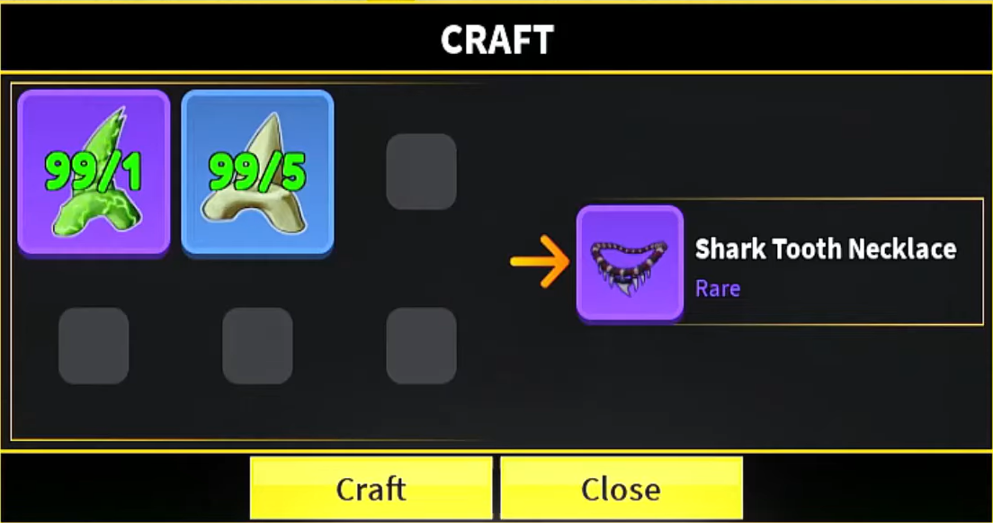 The crafting recipe interface for the Shark Tooth Necklace showing required materials