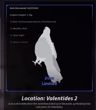 Dove Fish Details: Bestiary entry for the Dove showing weather/time requirements