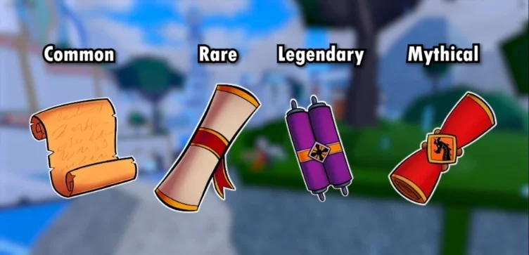 Common, Rare, Legendary, and Mythical scroll icons.