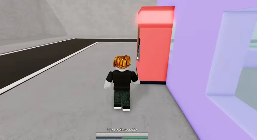 A player character standing in front of a pink vending machine with a prompt saying 'Vending Machine- Buy a drink? ($5)'.