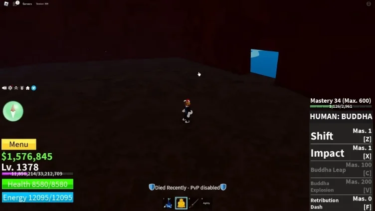 The player exploring a cave on Graveyard Island, a potential spawn location for the blue flower.