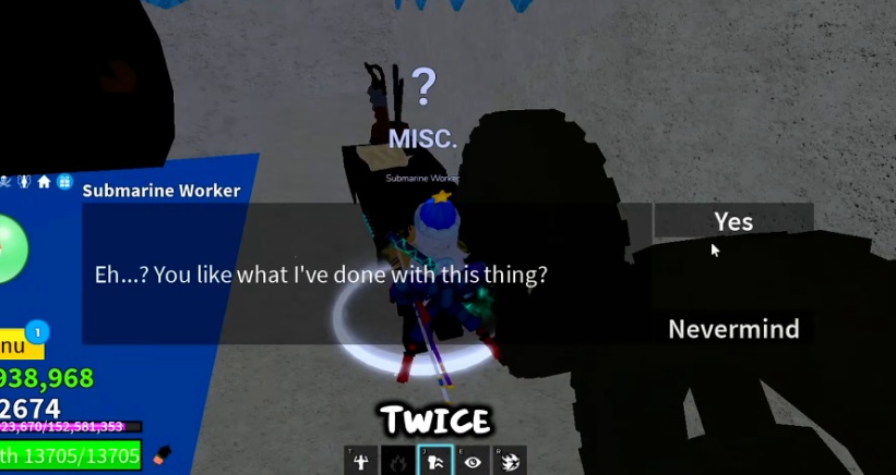 The game interface displays a dialog box with 'Yes' and 'Nevermind' options for the Submarine Worker quest.