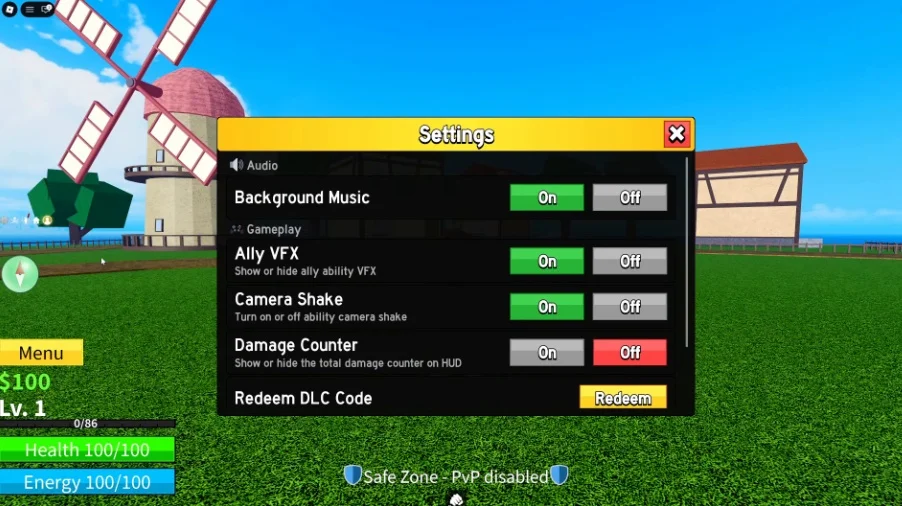 Settings menu with the 'Redeem DLC Code' button highlighted.
