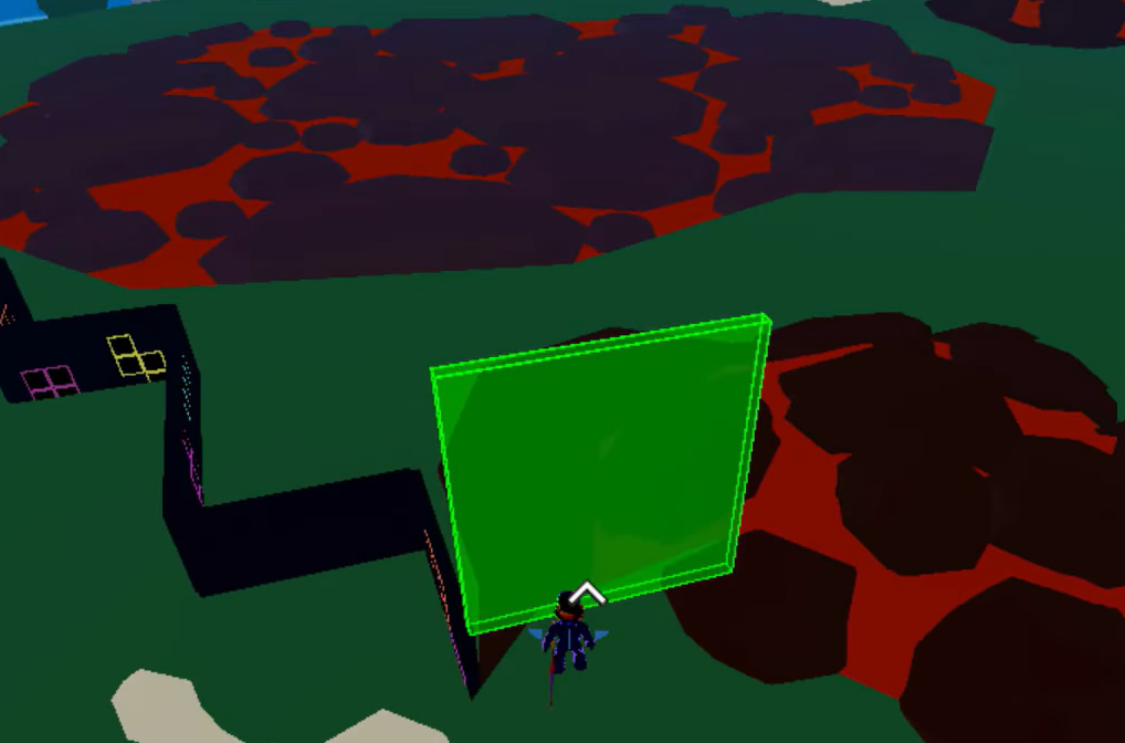 A player using the Creation Fruit to build green and black walls around a lava pool