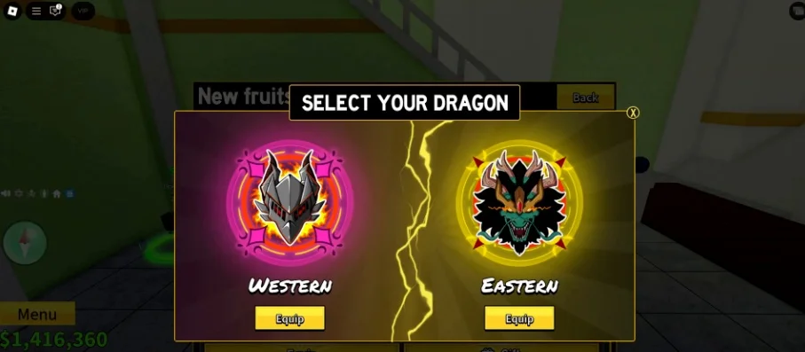 Character selection screen showing Western and Eastern Dragon fruit variants.