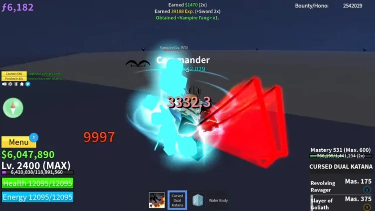 The game screen shows a notification indicating the player has obtained a Vampire Fang.