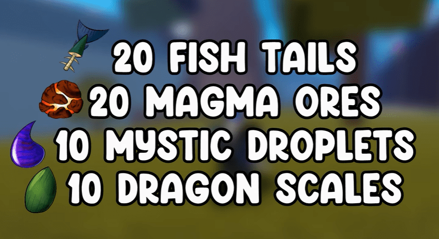 List of materials needed for Godhuman: 20 Fish Tails, 20 Magma Ores, 10 Mystic Droplets, 10 Dragon Scales.