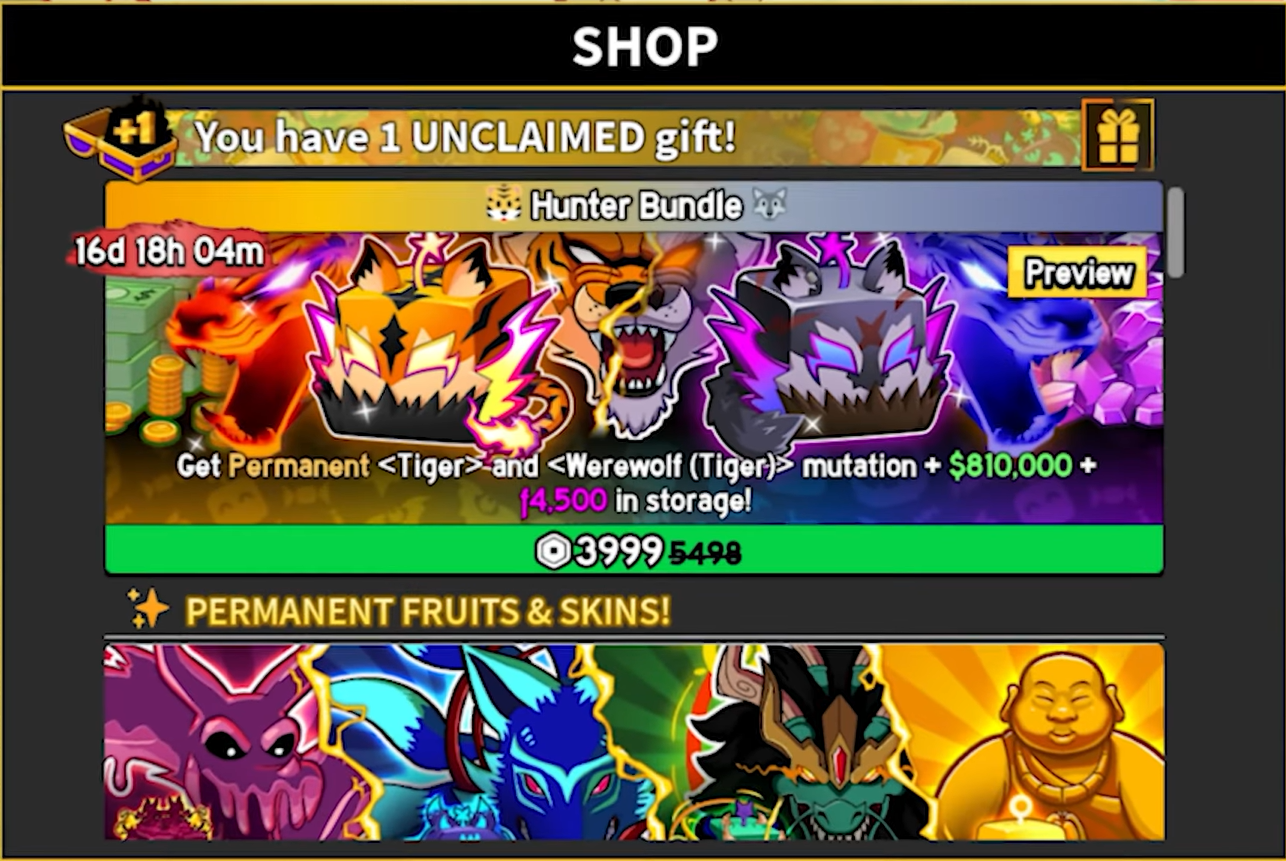 Roblox Blox Fruits Hunter Bundle shop interface showing Permanent Tiger and Werewolf mutation