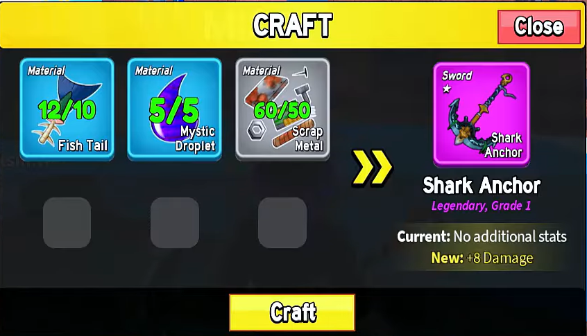 The Blacksmith interface showing the upgrade requirements for the Shark Anchor
