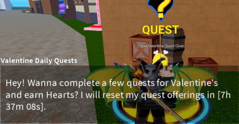 Dialogue box showing the Cupid NPC saying "I will reset my quest offerings in...