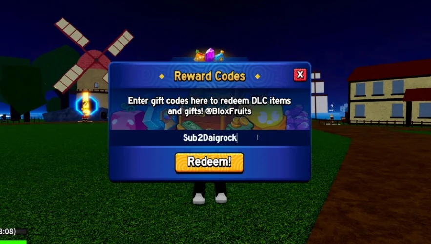 Entering Sub2Daigrock code in Blox Fruits.