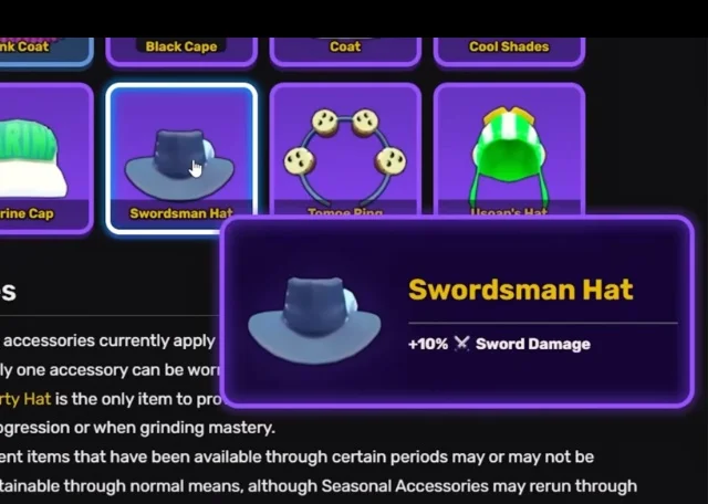 Swordsman Hat stats panel.
