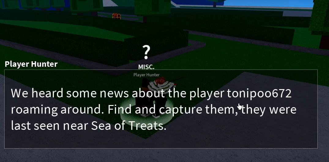 Game screen showing instructions about the Player Hunter quest mechanics and cooldown