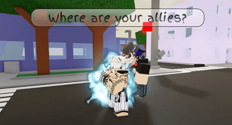 Salaryman using the 'Interrogate' move with the text bubble 'Where are your allies?'