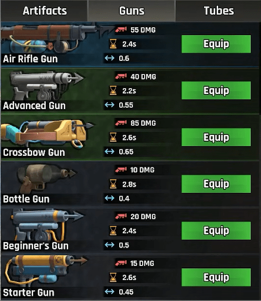 UI shows the progression and stats of early-game weapons