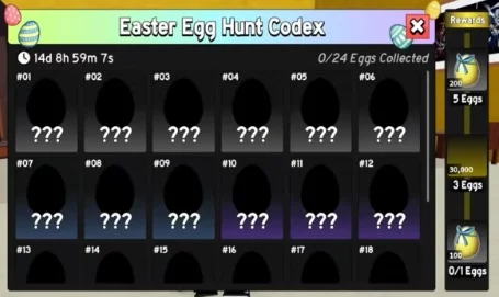 The Easter Egg Hunt Codex menu interface displaying slots for 24 eggs