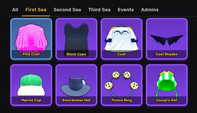 First Sea accessories menu list.