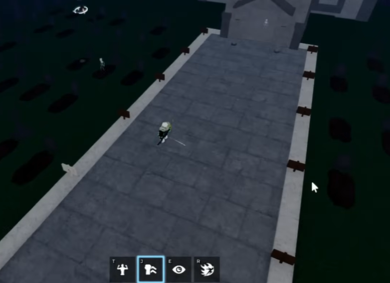 Top-down view of a stone path with rows of dark gravestones on either side