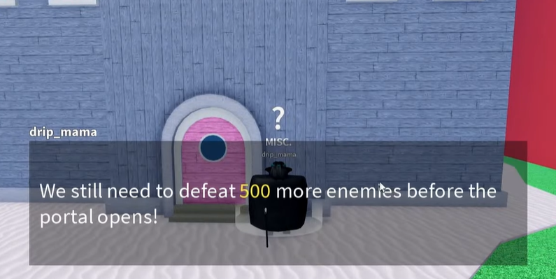 On-screen text in Roblox Blox Fruits stating enemies needed to defeat before portal opens