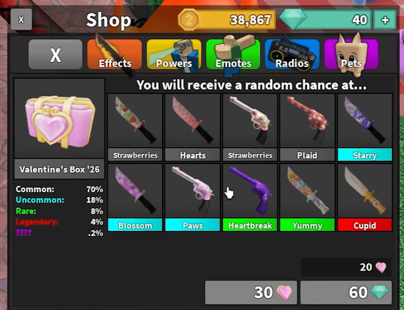 The Valentine's Box '26 shop menu showing the loot table and drop rate percentages
