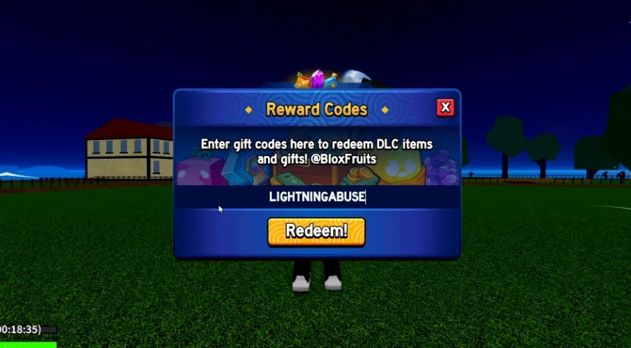 Entering LIGHTNINGABUSE code in Blox Fruits.