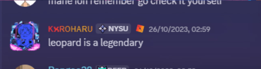Discord screenshot from developer KxRoharu stating "leopard is a legendary"
