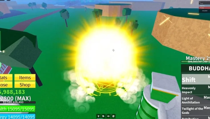 The player transformed using the Buddha fruit with a large golden circle effect.