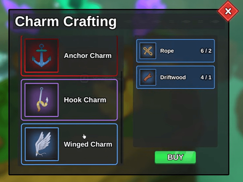 Charms in the crafting menu UI