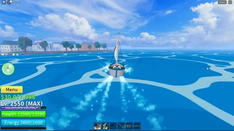The player steering the Marine Sloop boat across the ocean towards a distant island.