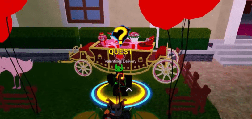 The Valentine's Delivery NPC standing next to a pink carriage
