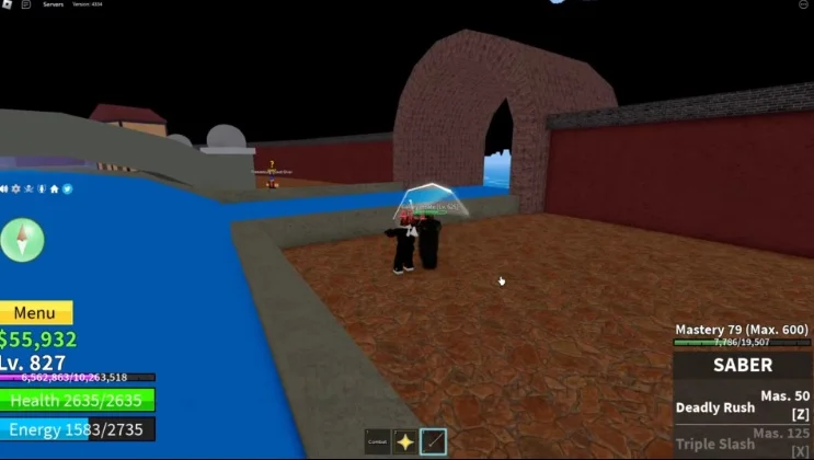 Player using a sword to fight an NPC in Blox Fruits.