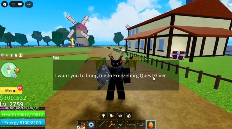 A player character holding an egg with a text box requesting to be taken to the Freezeburg Quest Giver