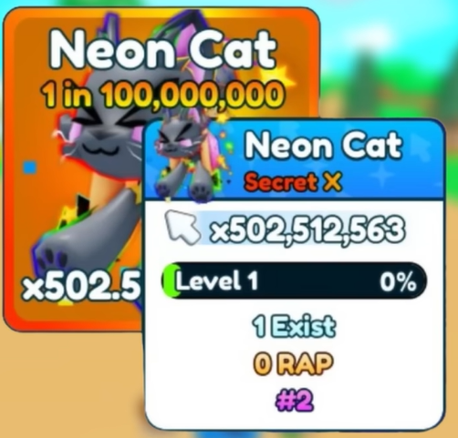 The Neon Cat pet entry in the game's index showing the 1 in 100,000,000 hatch chance