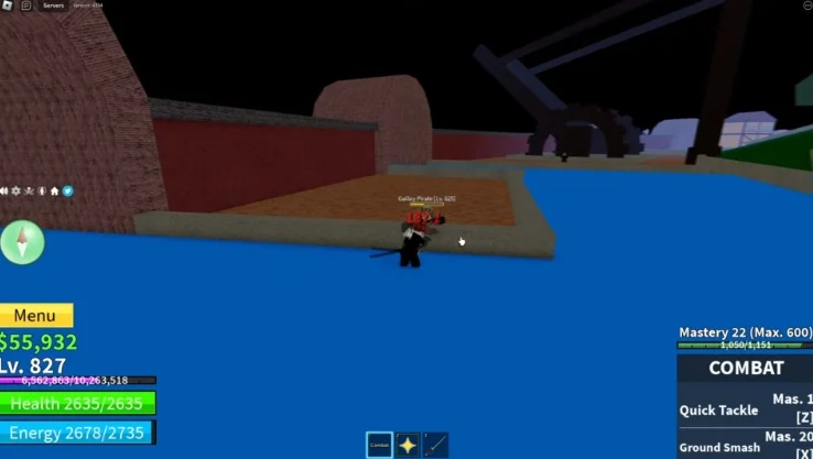 Player character safe-spotting an NPC in Blox Fruits.