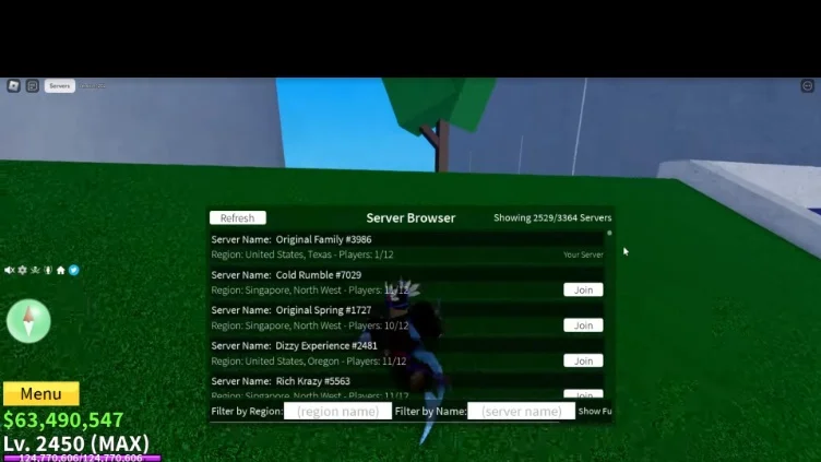 The server list menu screen in Blox Fruits.