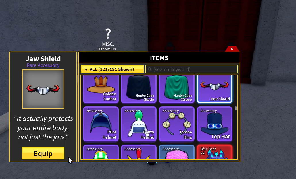 Inventory UI showing the Jaw Shield accessory selected with its item description