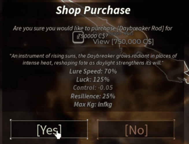 The shop UI showing Daybreaker Rod stats and price
