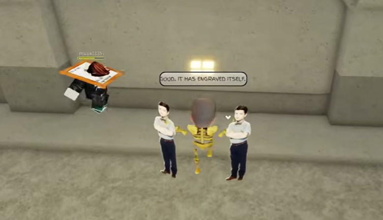 A Roblox player holding a radio next to three NPCs, one of which is a golden skeleton