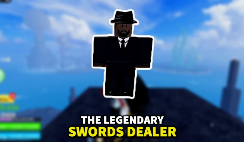 The Legendary Swords Dealer NPC from Blox Fruits standing on a rock.
