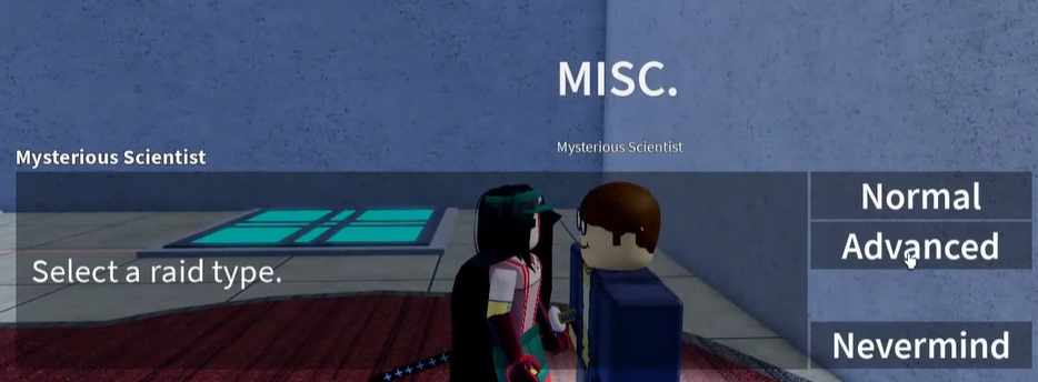 Roblox Blox Fruits Mysterious Scientist raid selection menu showing Phoenix and Dough options