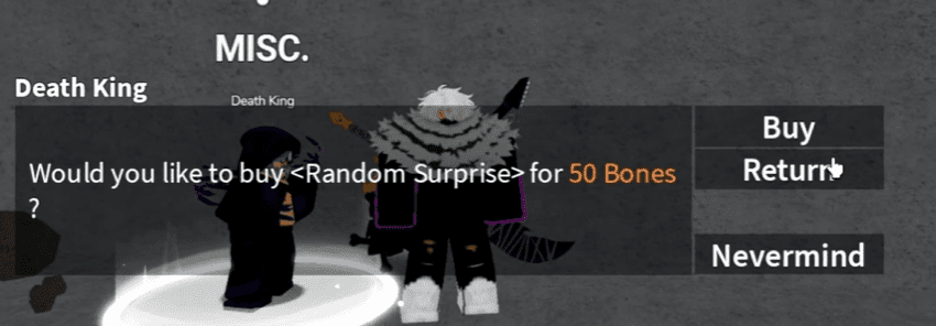 The dialogue interface with the Death King NPC showing the option to buy 'Random Surprise' for 50 Bones