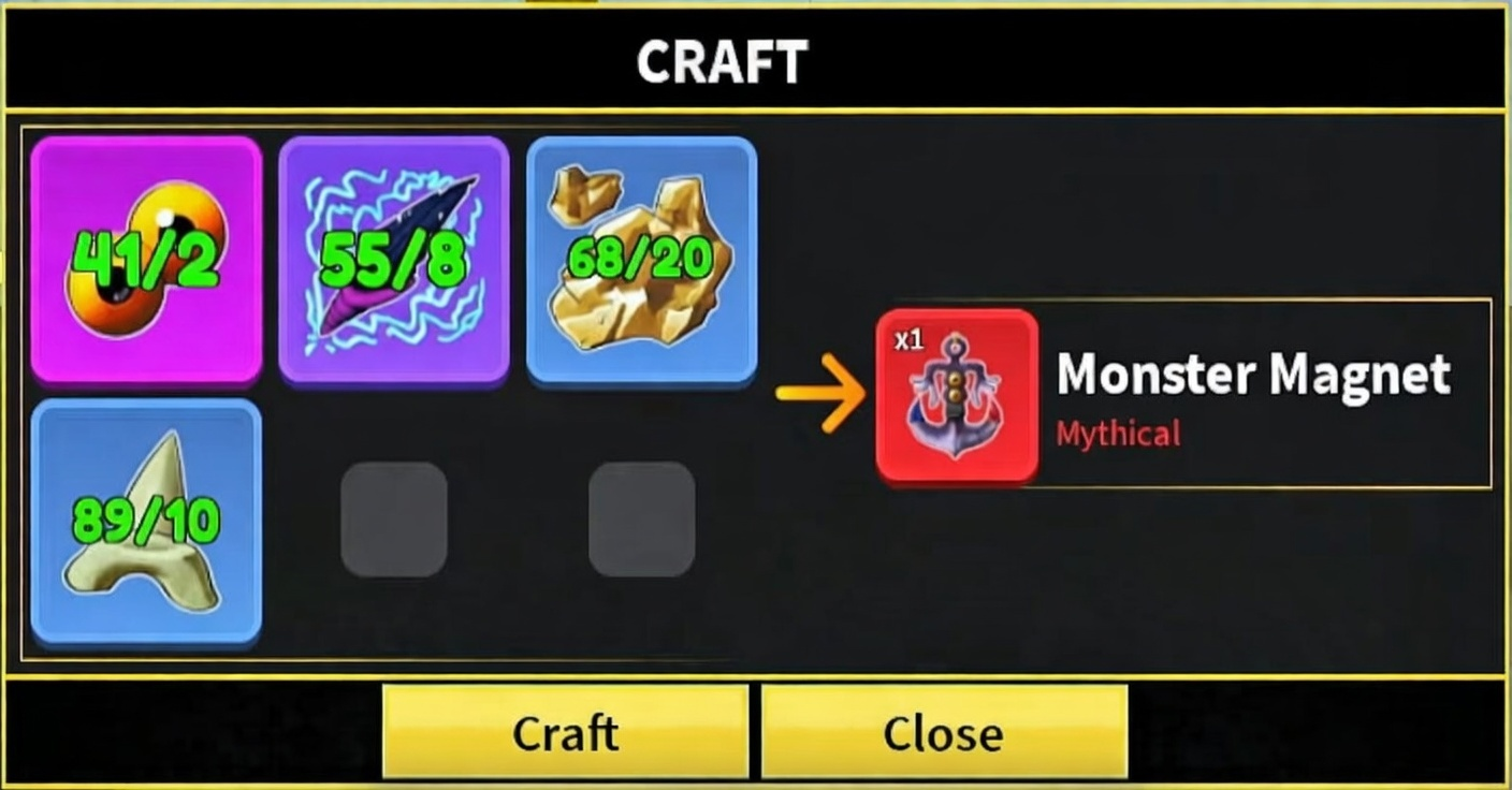 The crafting recipe interface for the Monster Magnet showing required materials