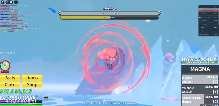 The player fighting the Leviathan boss by attacking its tails.