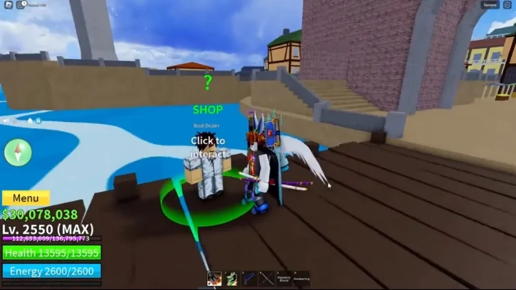 A player character in front of the Boat Dealer at the Pirate Village dock.